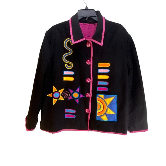 Allure Womens Star Embroidered Button Blazer Size XL Black Long Sleeve Tribal - Picture 6 of 9